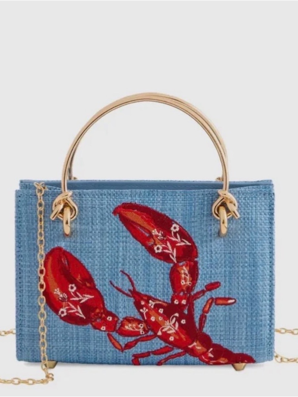 Celeste Blue Woven Mini Bag with Red Lobster Embroidery